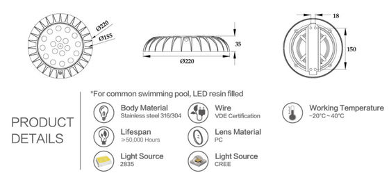 Dia 225mm IP68 18W는 수중 LED 빛을 방수 처리합니다